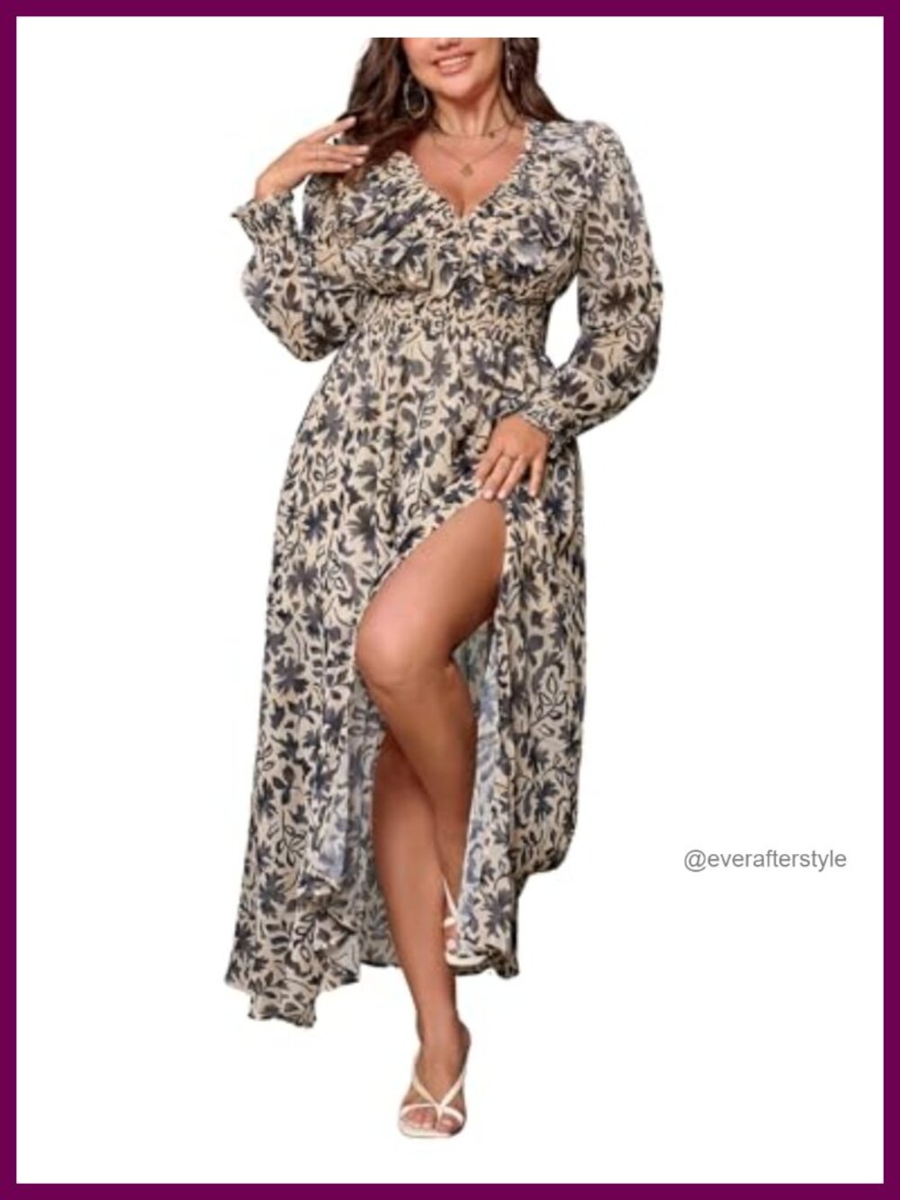 Women's Long Sleeve Chiffon Floral Maxi Dress V-Neck Slit Wedding Guest
